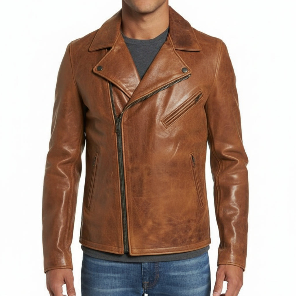 model-front-closed - Men's Tan brown Leather Brando Jacket, Genuine Brown leather Biker Jacket