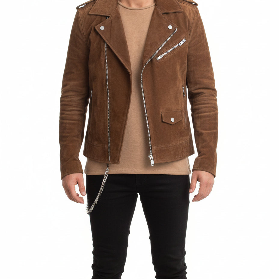 model-front-closed - Mens Tan brown Suede biker Jacket, Men brown biker suede leather Jacket
