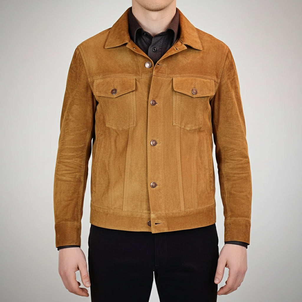 model-front-closed - Men's Tan Brown Suede Trucker Jacket