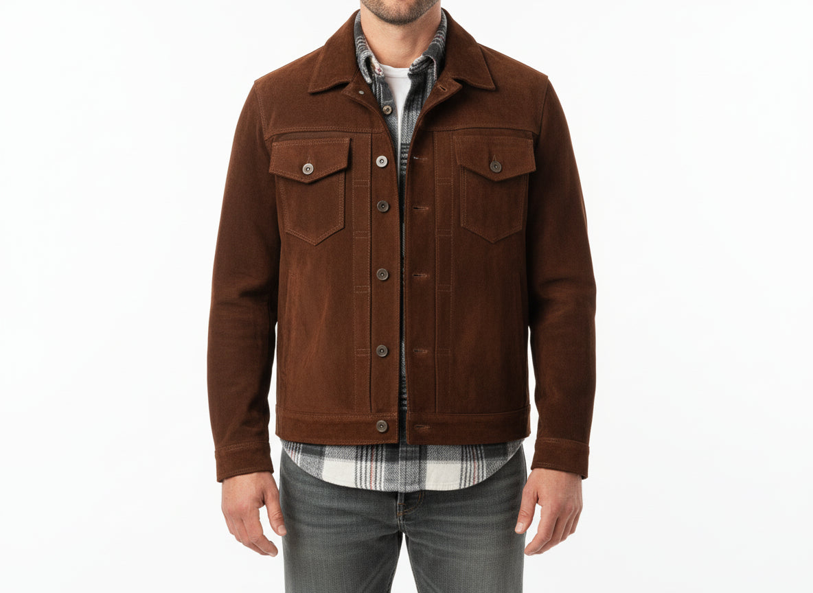model-front-closed - Men's Trucker Jacket, Brown Suede Jacket, Casual Suede Jacket, Men's Casual Jacket