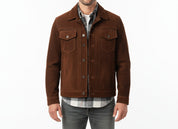 model-front-closed - Men's Trucker Jacket, Brown Suede Jacket, Casual Suede Jacket, Men's Casual Jacket