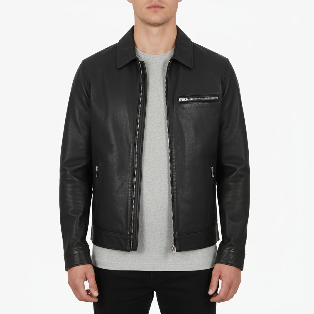 model-front-closed - Men's Trucker Jacket, Suede Leather Jacket, Men's Casual Jacket, Lightweight Leather Jacket