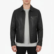 model-front-closed - Men's Trucker Jacket, Suede Leather Jacket, Men's Casual Jacket, Lightweight Leather Jacket
