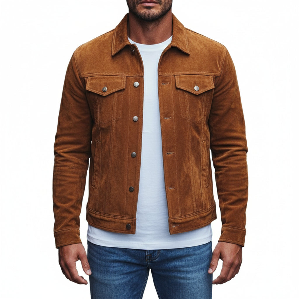 model-front-closed - Men's Trucker Suede Jacket, Brown Suede Jacket, Casual Men's Jacket, Button Front Suede Jacket