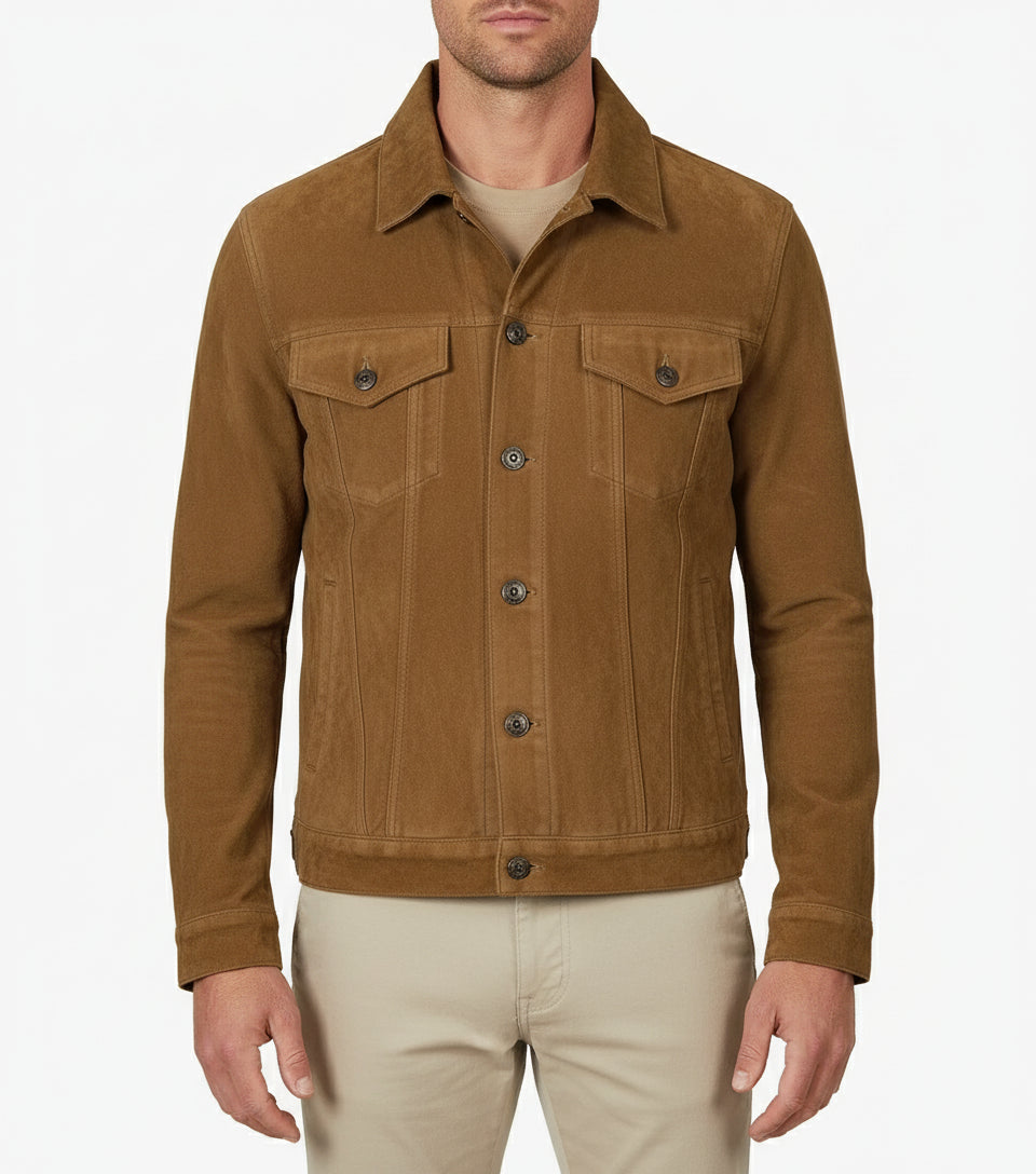 model-front-closed - Men's Trucker Suede Jacket, Casual Suede Jacket, Men's Suede Outerwear, Suede Trucker Jacket