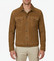 model-front-closed - Men's Trucker Suede Jacket, Casual Suede Jacket, Men's Suede Outerwear, Suede Trucker Jacket
