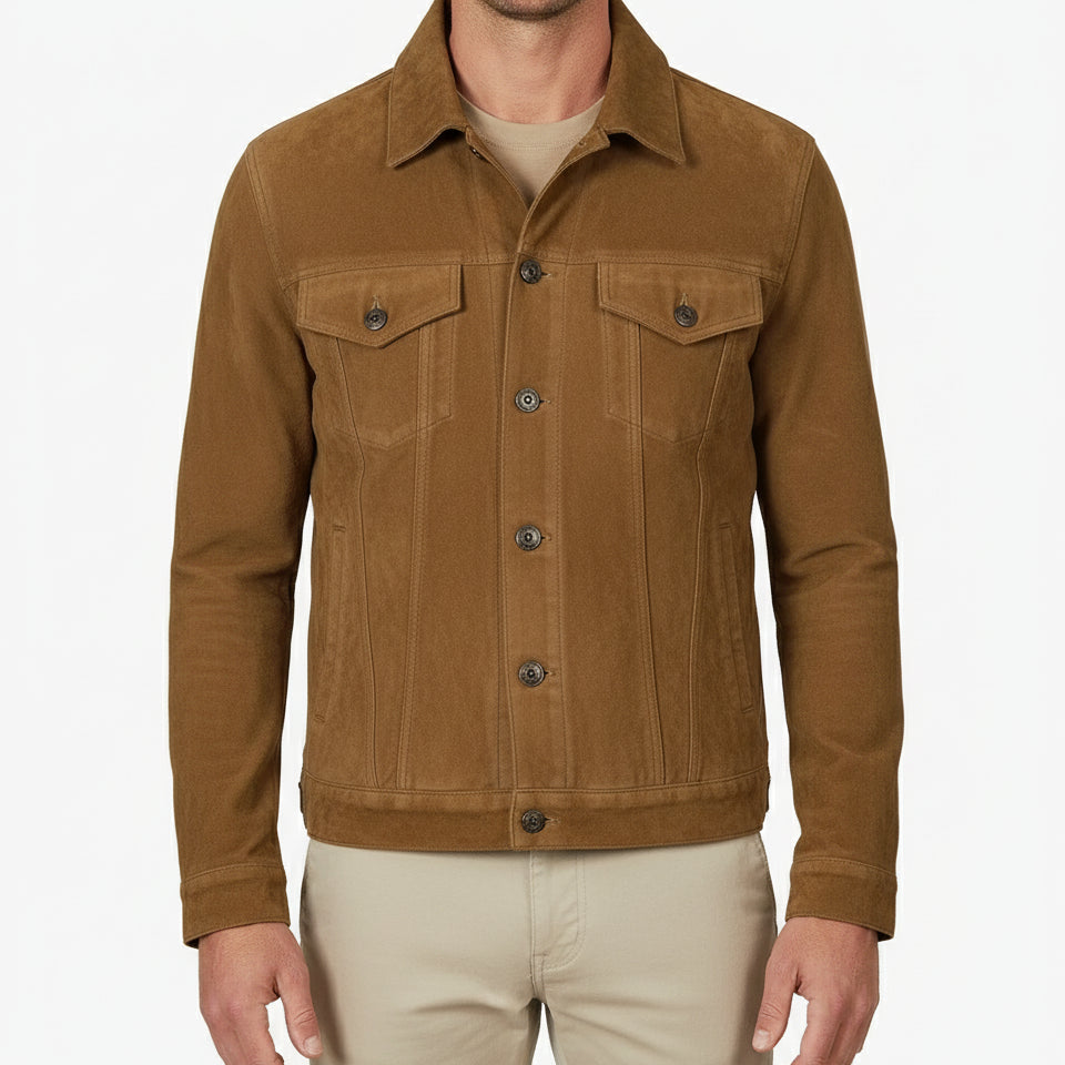 model-front-closed - Men's Trucker Suede Jacket, Casual Suede Jacket, Men's Suede Outerwear, Suede Trucker Jacket
