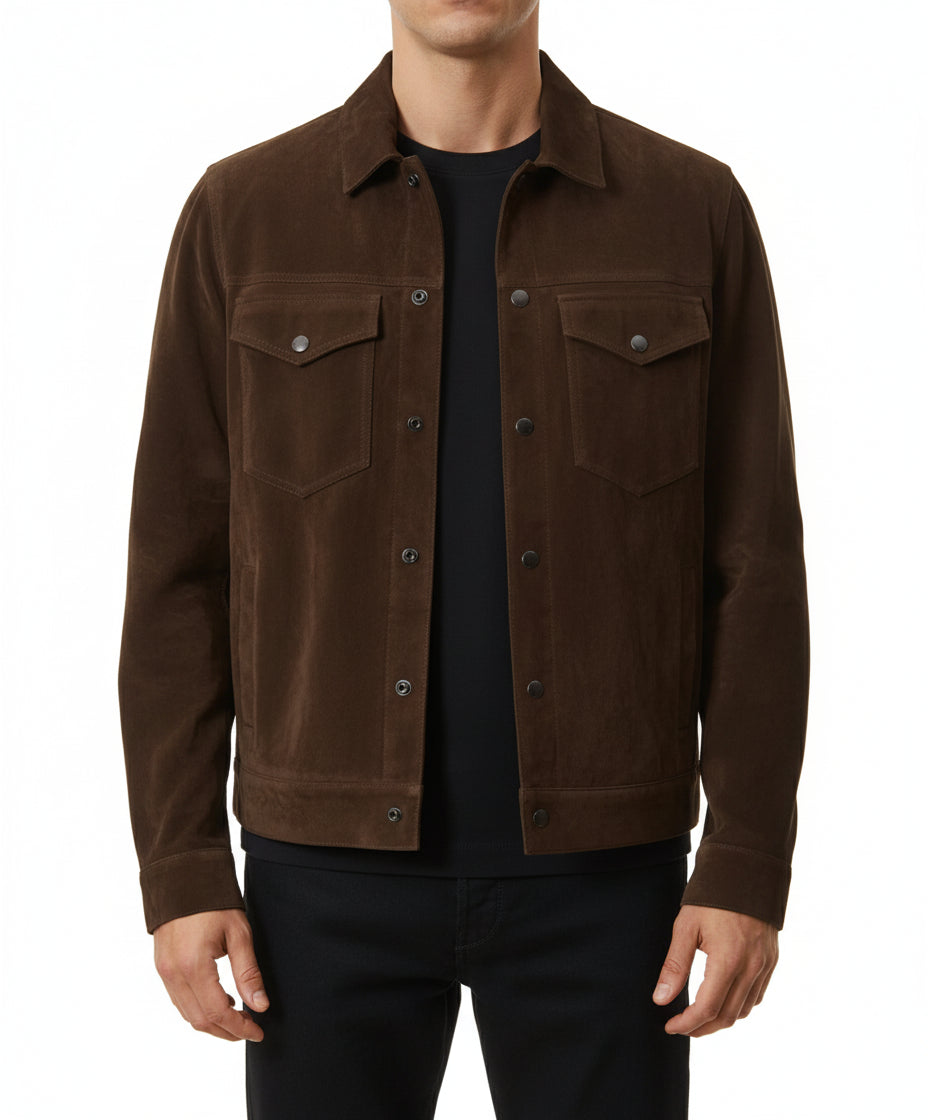 model-front-closed - Men's Trucker Suede Jacket, Classic Suede Jacket, Casual Men's Jacket, Dark Brown Trucker Jacket