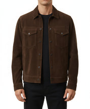 model-front-closed - Men's Trucker Suede Jacket, Classic Suede Jacket, Casual Men's Jacket, Dark Brown Trucker Jacket