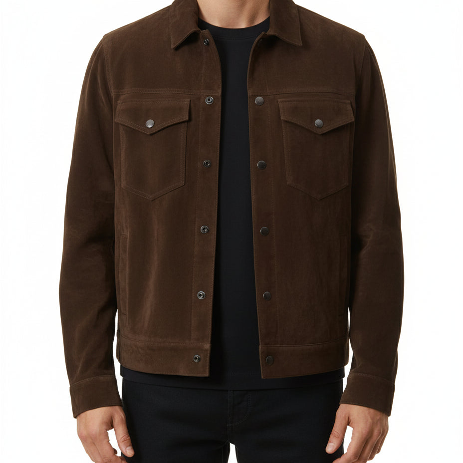model-front-closed - Men's Trucker Suede Jacket, Classic Suede Jacket, Casual Men's Jacket, Dark Brown Trucker Jacket