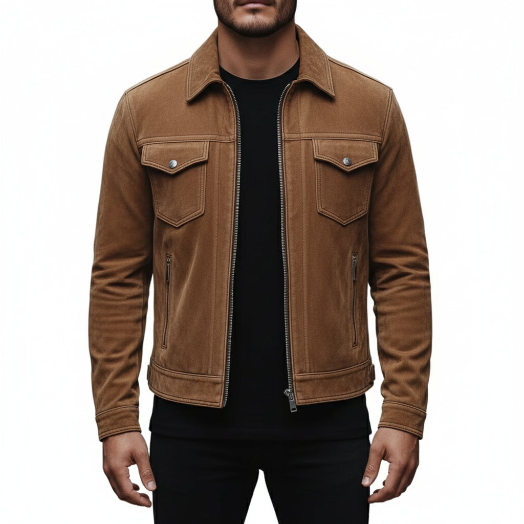 model-front-closed - Men's Trucker Suede Jacket, Men's Suede Jacket, Casual Suede Jacket, Lightweight Suede Jacket