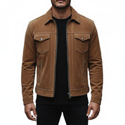 model-front-closed - Men's Trucker Suede Jacket, Men's Suede Jacket, Casual Suede Jacket, Lightweight Suede Jacket