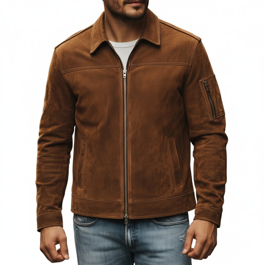 model-front-closed - Men's Trucker Suede Jacket, Suede Biker Jacket, Men's Casual Suede Jacket, Suede Moto Jacket