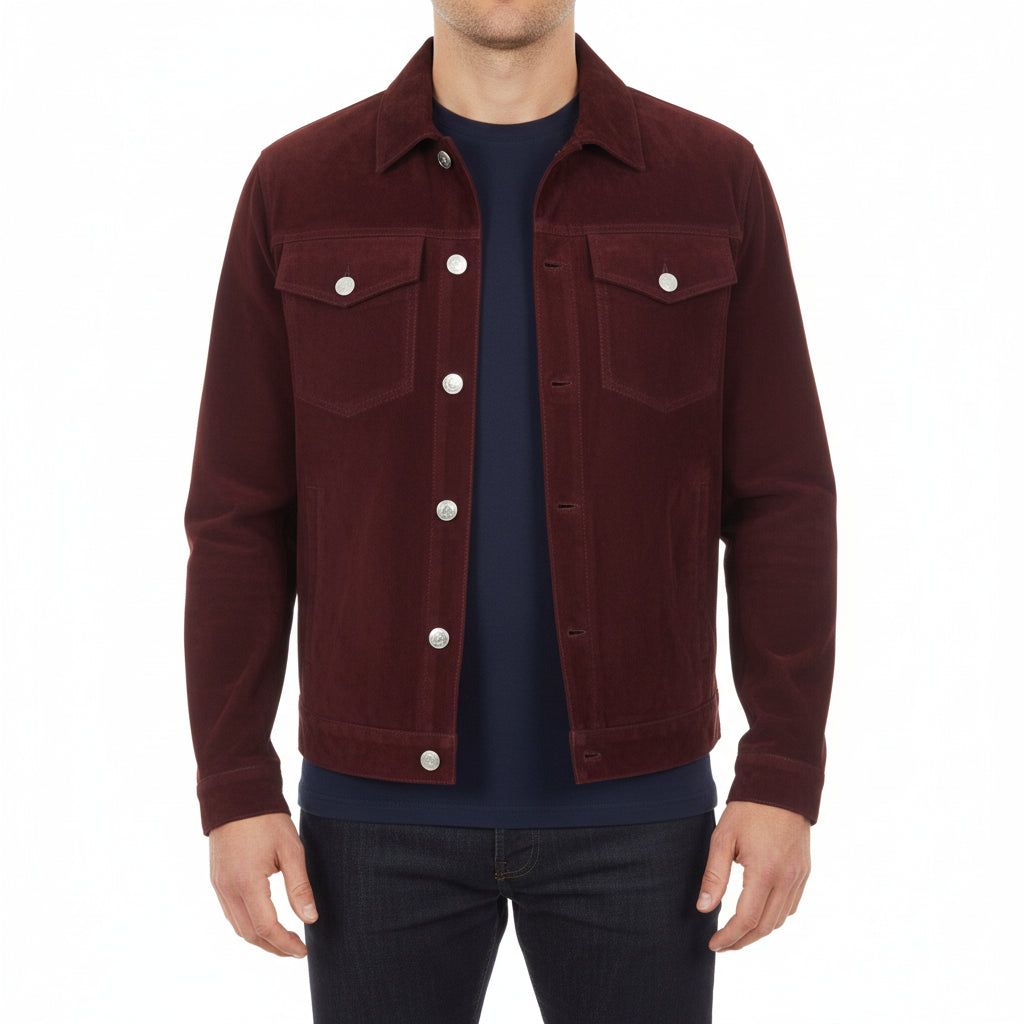 model-front-closed - Men's Trucker Suede Jacket, Suede Jacket for Men, Burgundy Suede Trucker Jacket