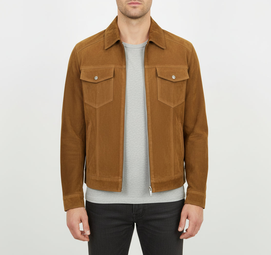 model-front-closed - Men's Trucker Suede Jacket, Suede Jacket for Men, Classic Suede Trucker Jacket, Medium Brown Suede Jacket