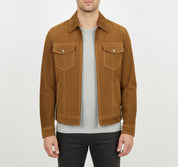 model-front-closed - Men's Trucker Suede Jacket, Suede Jacket for Men, Classic Suede Trucker Jacket, Medium Brown Suede Jacket