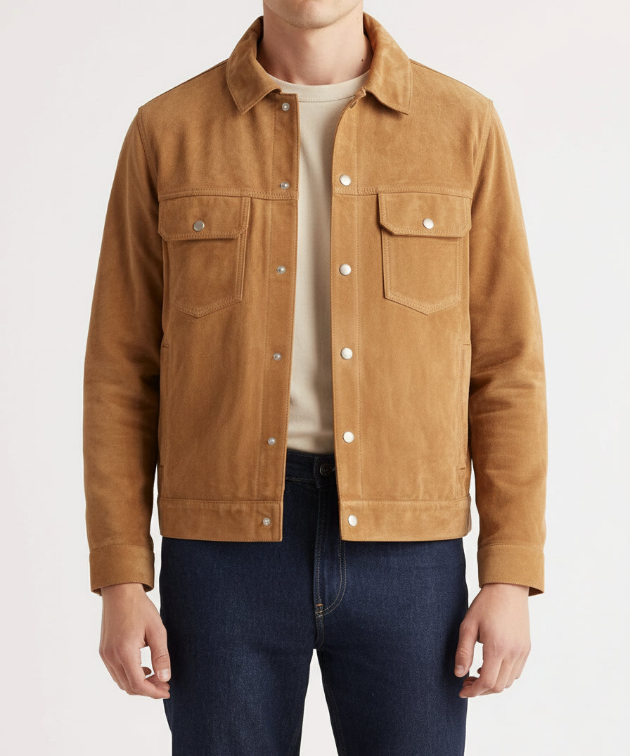 model-front-closed - Men's Trucker Suede Jacket, Suede Truck Jacket, Men's Casual Suede Jacket
