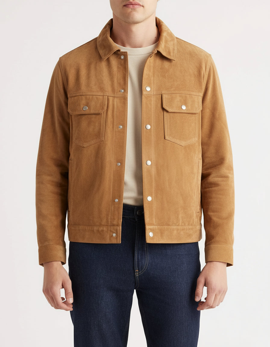 model-front-closed - Men's Trucker Suede Jacket, Suede Truck Jacket, Men's Casual Suede Jacket