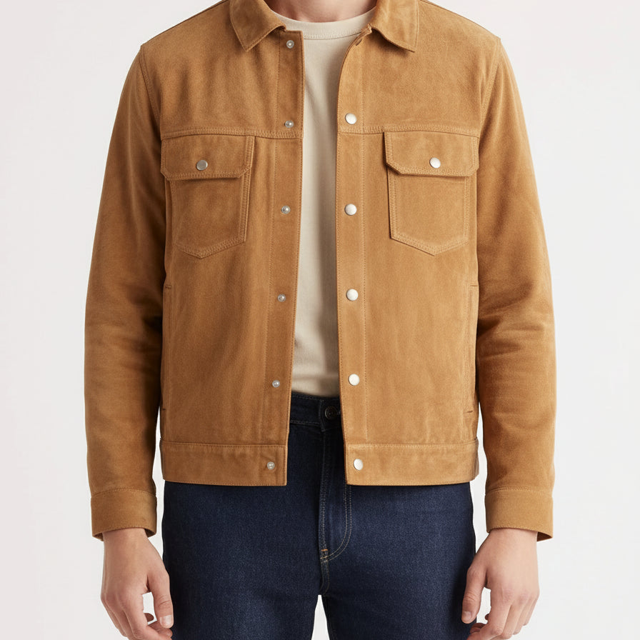 model-front-closed - Men's Trucker Suede Jacket, Suede Truck Jacket, Men's Casual Suede Jacket