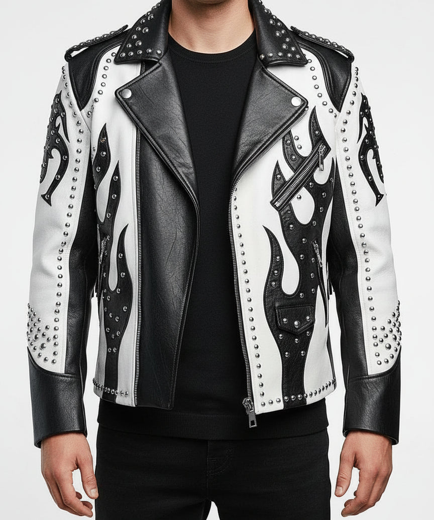 model-front-closed - Men's Two Tone Studded White Leather Biker Jacket