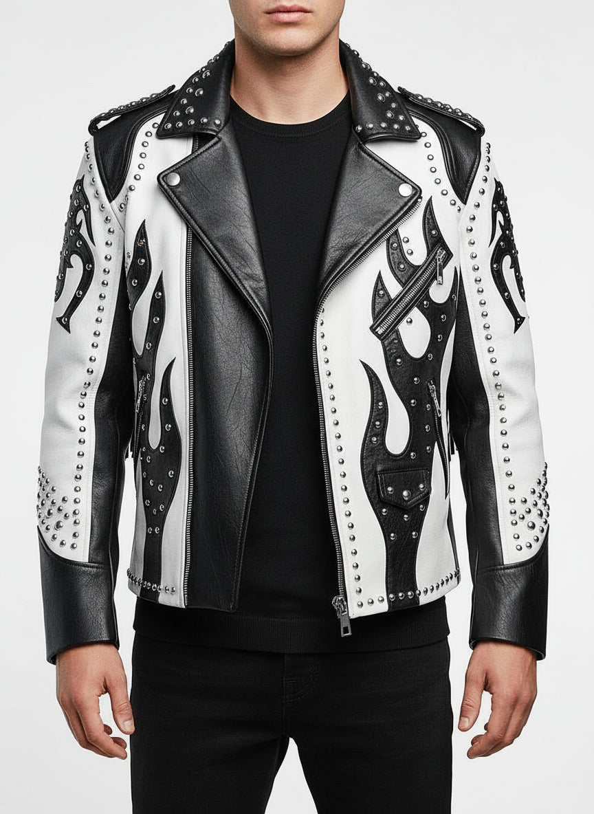 model-front-closed - Men's Two Tone Studded White Leather Biker Jacket