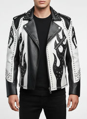 model-front-closed - Men's Two Tone Studded White Leather Biker Jacket