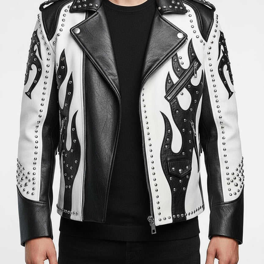 model-front-closed - Men's Two Tone Studded White Leather Biker Jacket