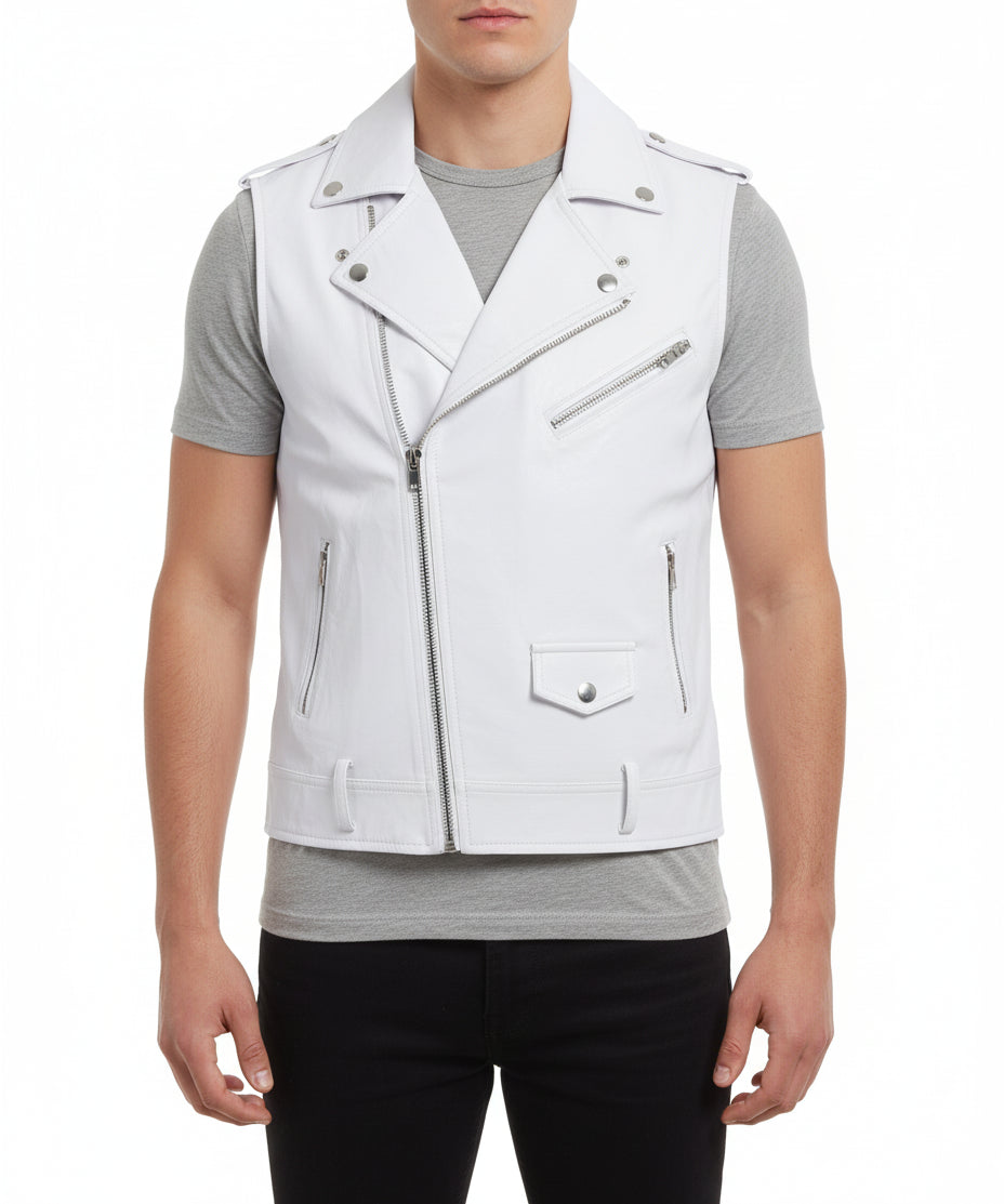model-front-closed - Mens white color leather Vest, Men Sleeve less leather Jacket