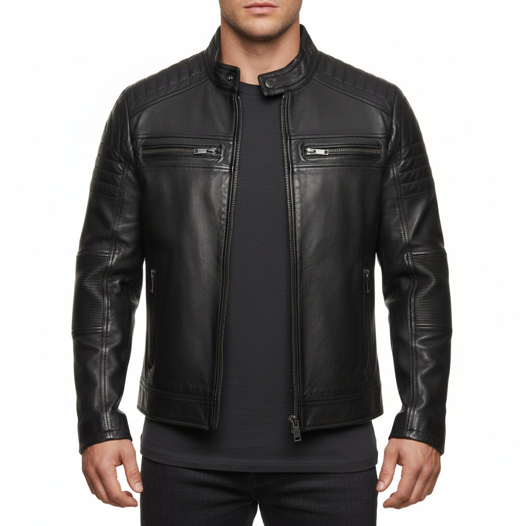 model-front-closed - New Black biker leather jacket, Men black bober leather jacket, men jackets