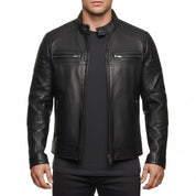 model-front-closed - New Black biker leather jacket, Men black bober leather jacket, men jackets