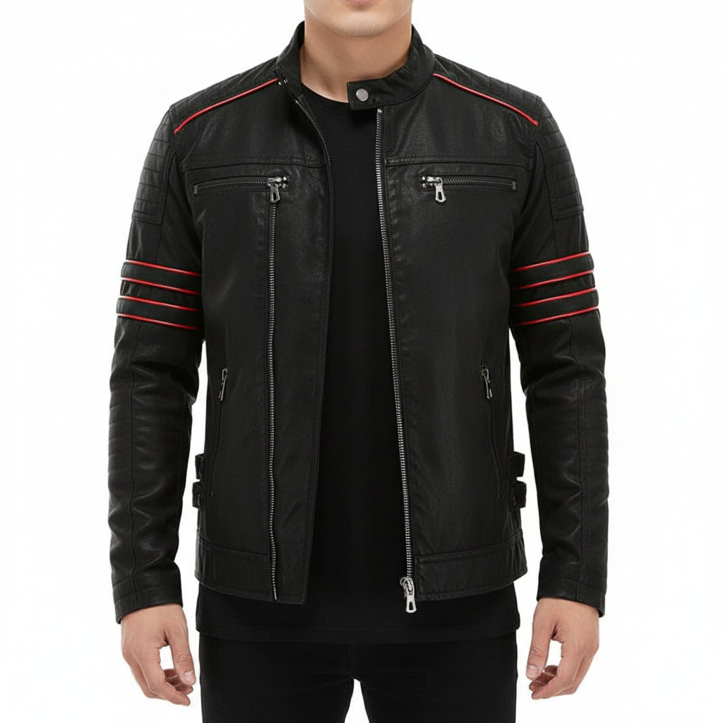 model-front-closed - New Black biker leather jacket, Men black motorcycle jacket, men jackets