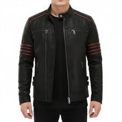 model-front-closed - New Black biker leather jacket, Men black motorcycle jacket, men jackets