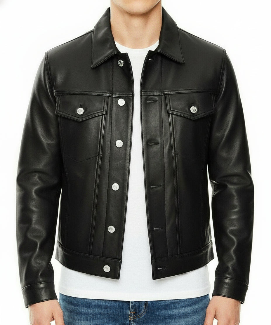 model-front-closed - New Men Black Leather Biker Jackets, Real Leather Button Closure Jackets