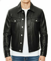 model-front-closed - New Men Black Leather Biker Jackets, Real Leather Button Closure Jackets