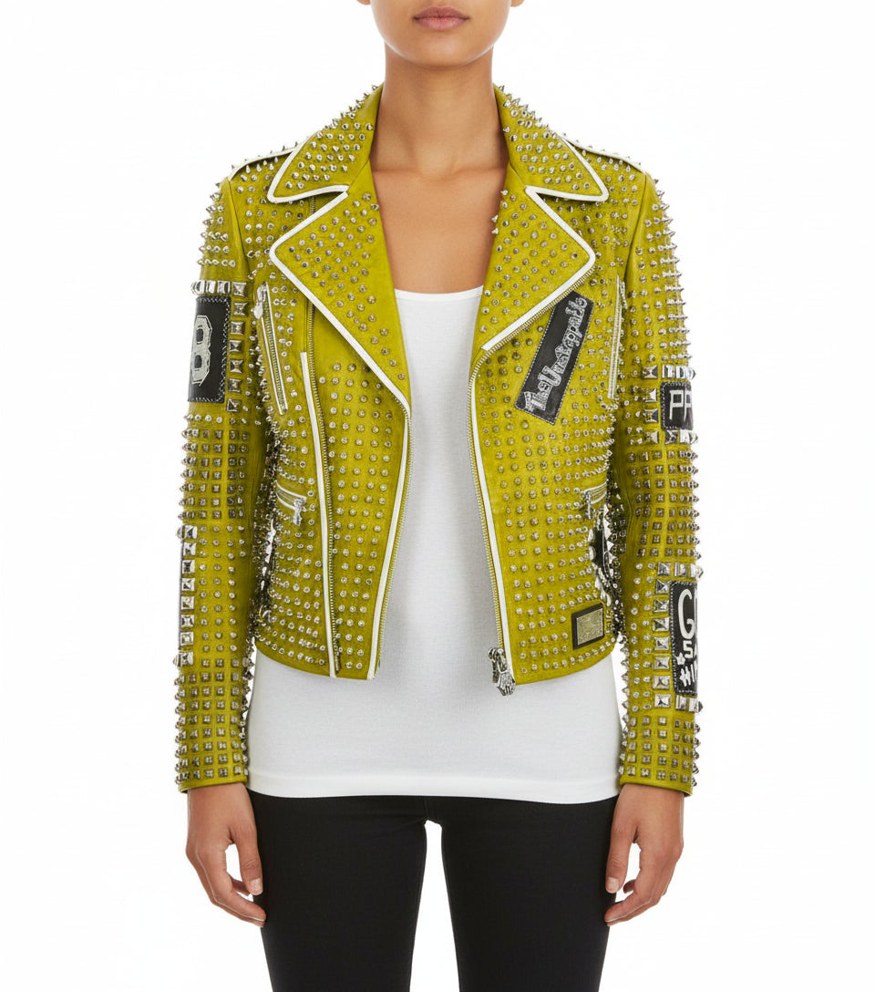 model-front-closed - New Punk green Brando Studded Spikes Rock Moto biker Leather Jacket