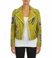 model-front-closed - New Punk green Brando Studded Spikes Rock Moto biker Leather Jacket