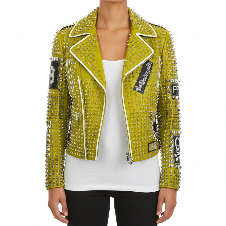 model-front-closed - New Punk green Brando Studded Spikes Rock Moto biker Leather Jacket