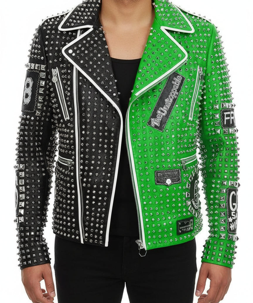 model-front-closed - Punk green Brando Studded Spikes Rock Moto biker Leather Jacket