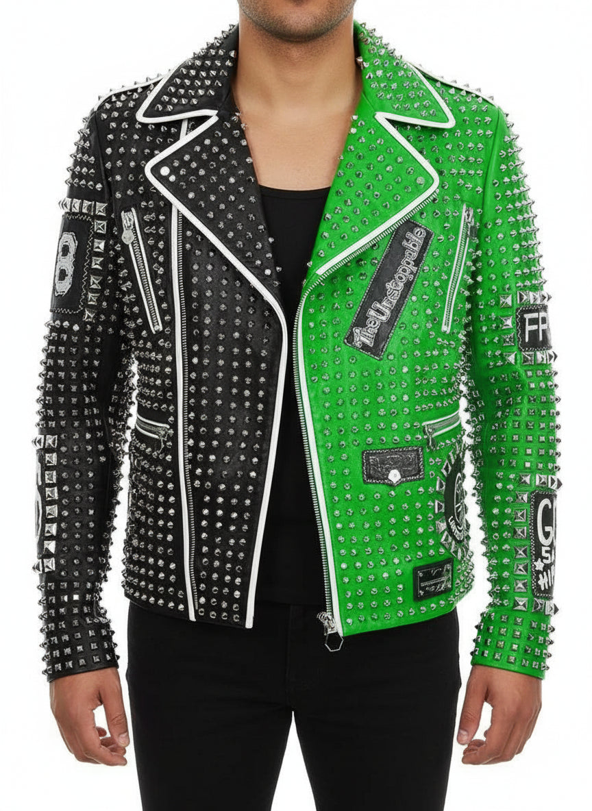 model-front-closed - Punk green Brando Studded Spikes Rock Moto biker Leather Jacket