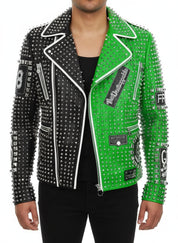 model-front-closed - Punk green Brando Studded Spikes Rock Moto biker Leather Jacket