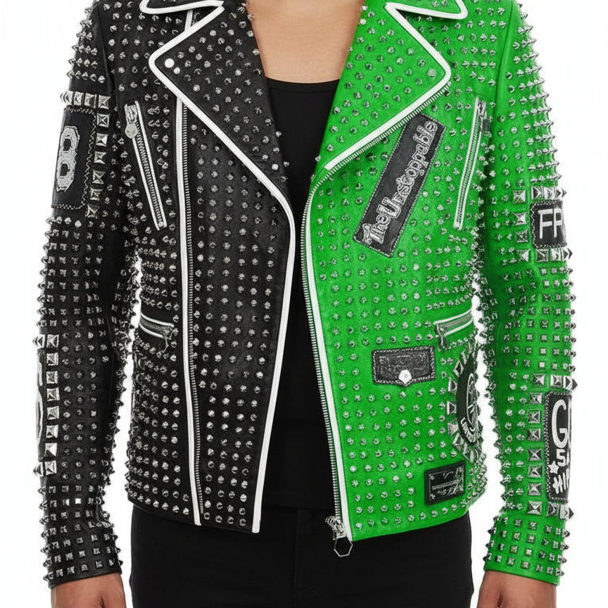 model-front-closed - Punk green Brando Studded Spikes Rock Moto biker Leather Jacket