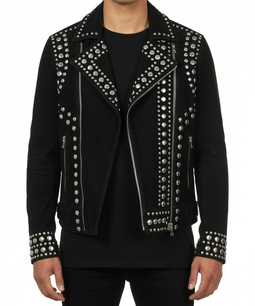 model-front-closed - Punk Men Black Studded Jacket, Suede Studded Jacket, Jackets