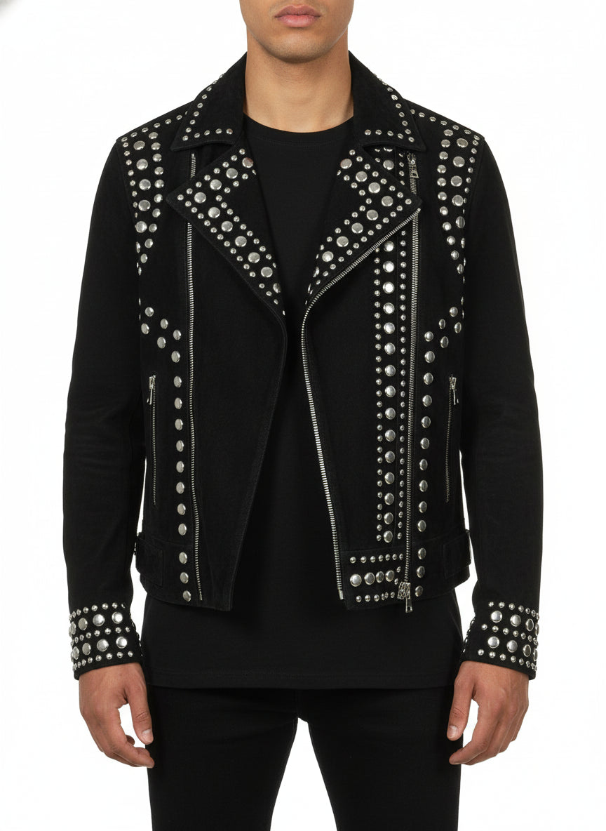 model-front-closed - Punk Men Black Studded Jacket, Suede Studded Jacket, Jackets