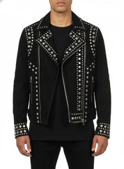 model-front-closed - Punk Men Black Studded Jacket, Suede Studded Jacket, Jackets