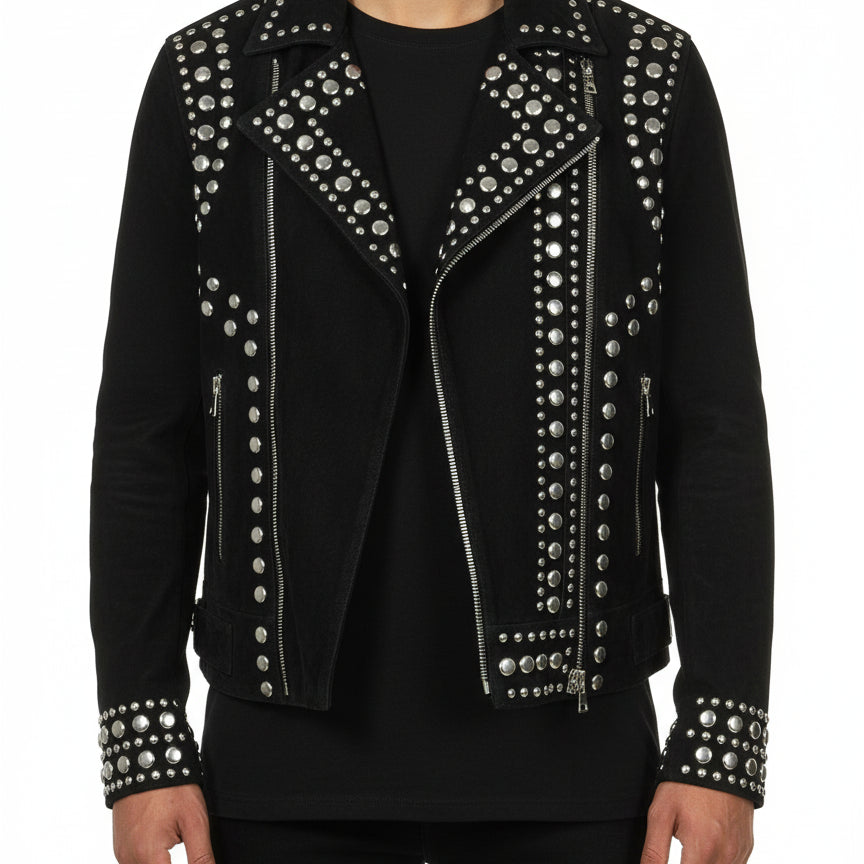 model-front-closed - Punk Men Black Studded Jacket, Suede Studded Jacket, Jackets