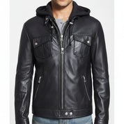 model-front-closed - Punk Men Hooded Leather Jacket Black Biker Leather Jacket Fashion Jacket