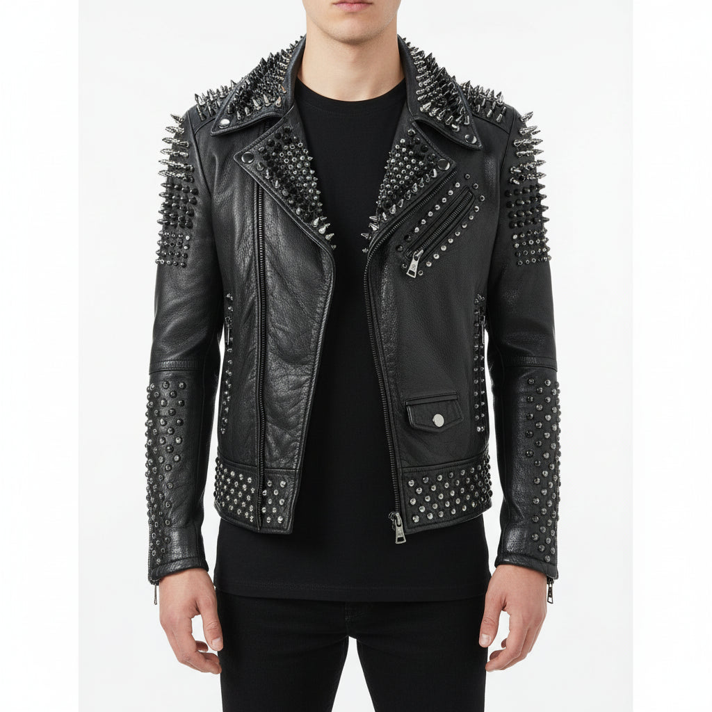 model-front-closed - Punk Men Make to Order Rock Studded Jacket, Moto Biker Jacket
