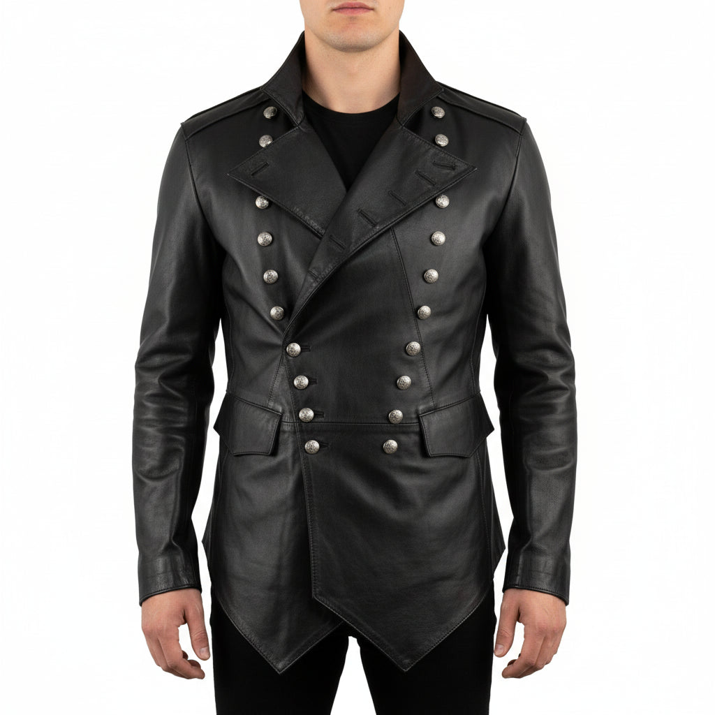 model-front-closed - Punk Men Real Leather Jacket, Steam Jacket Coat Leather Coat Jacket