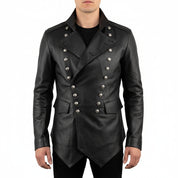 model-front-closed - Punk Men Real Leather Jacket, Steam Jacket Coat Leather Coat Jacket