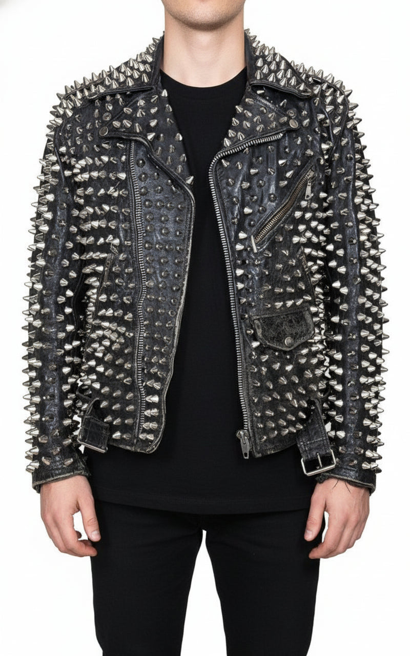 model-front-closed - Punk Men Silver Studded Custom Patches Long Spike Brando Belted Jacket
